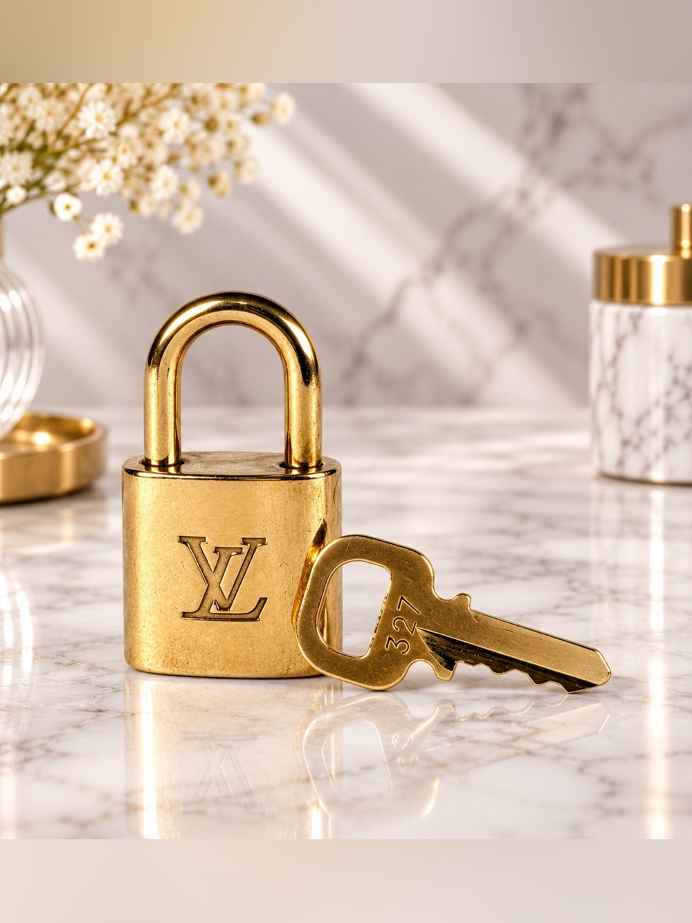 Louis Vuitton Padlock & Key Set #327 Gold Tone LV Lock Authentic Bag Accessory